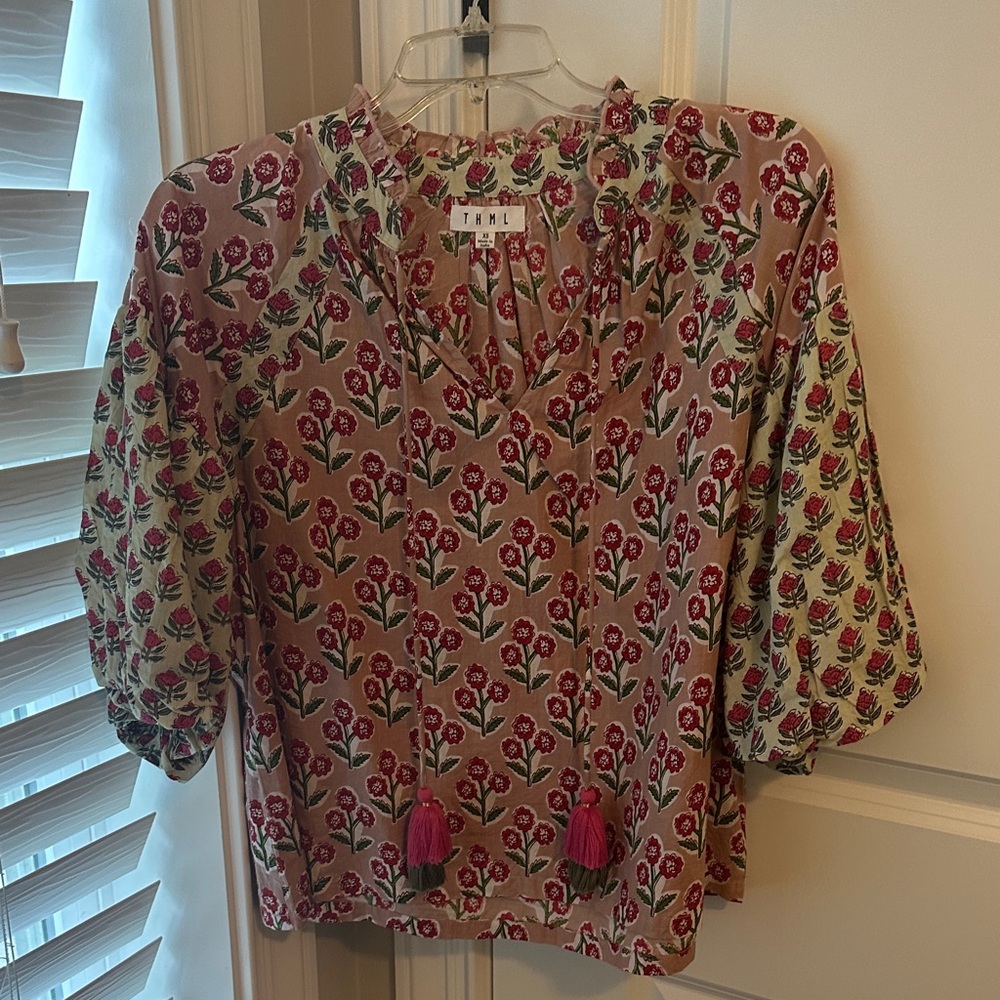 THML XS Floral Print Blouse with Tassels